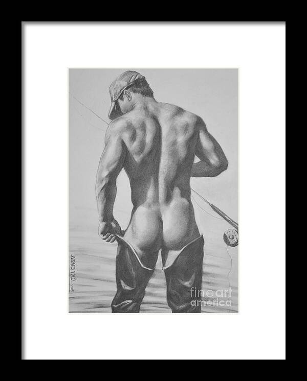 Original Art Framed Print featuring the painting Original Drawing Sketch Charcoal Pencil Male Nude Gay Interest Man Art Pencil On Paper -0031 by Hongtao Huang