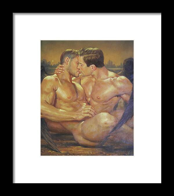 Hongtao Huang Framed Print featuring the painting Original oil painting angel of male nude kiss on linen#17126 by Hongtao Huang