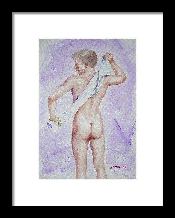 Original Art Framed Print featuring the painting Original Watercolour Male Nude Bather On Paper#16-10-6-01 by Hongtao Huang