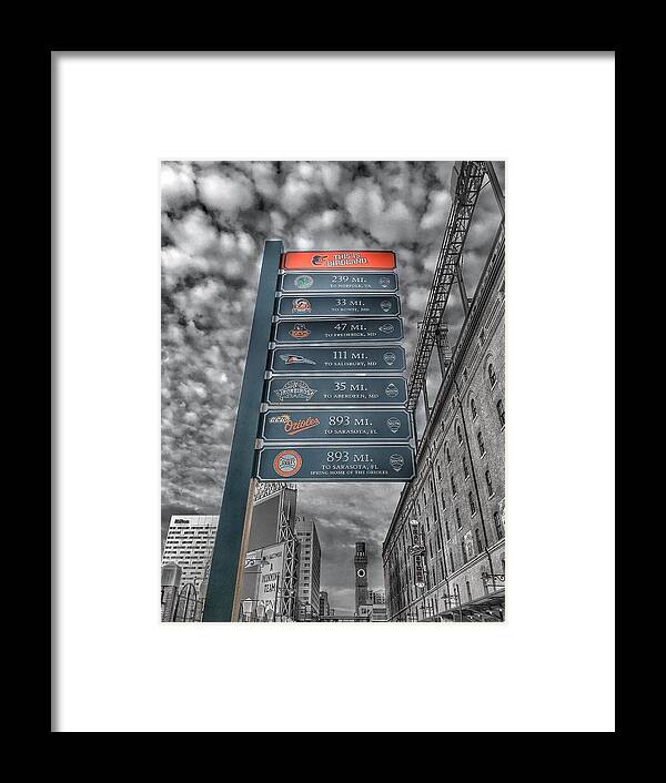Oriole Park Framed Print featuring the photograph Oriole Park at Camden Yards Signs - Black and White by Marianna Mills