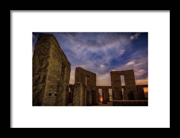 Night Framed Print featuring the photograph Orion over Stonehenge Memorial by Cat Connor