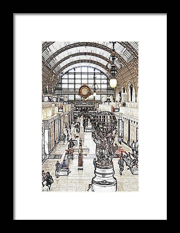Travelpixpro Framed Print featuring the digital art Orsay Museum Interior Paris France Colored Pencil Digital Sketch by Shawn O'Brien