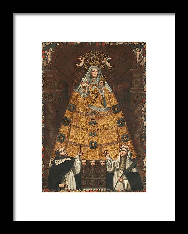 Cuzco School Framed Print featuring the painting Our Lady of the Rosary with Saint Dominic and Saint Rose by Cuzco School