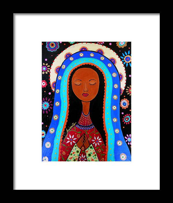 Blooms Framed Print featuring the painting Our Lady Of Virgin Guadalupe by Pristine Cartera Turkus