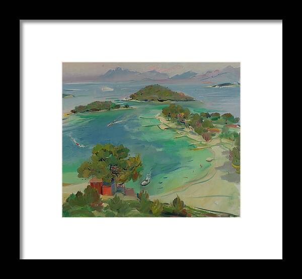 Overview Framed Print featuring the painting Overview of Ksamil, Saranda, Albania by Buron Kaceli