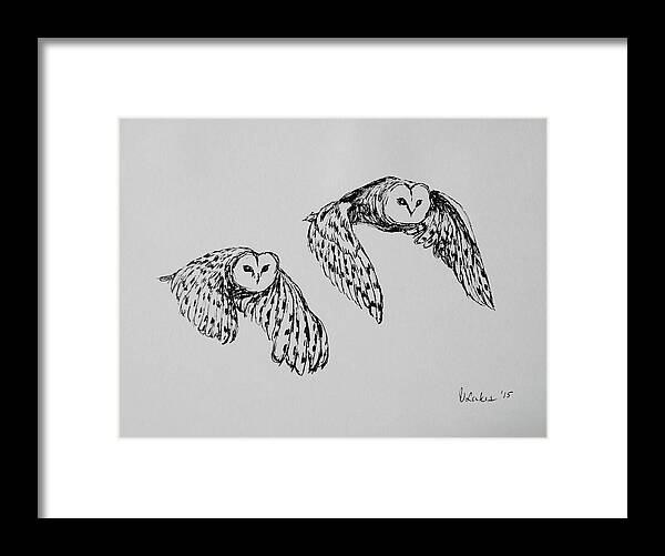 Owls Framed Print featuring the drawing Owls in Flight by Victoria Lakes