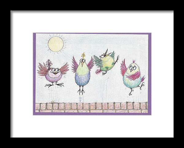 Mad Framed Print featuring the drawing P4 Four Birds Celebrate by Charles Cater