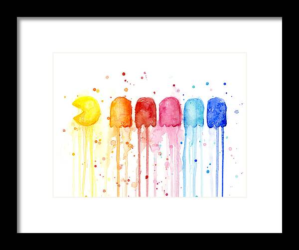 Game Framed Print featuring the painting Pacman Watercolor Rainbow by Olga Shvartsur