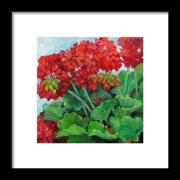 Geraniums Framed Print featuring the painting Painting of Red Geraniums by Cheri Wollenberg