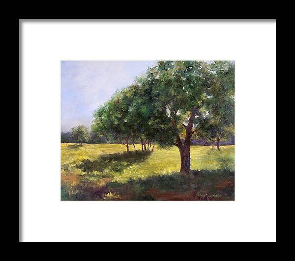 Landscape Framed Print featuring the painting Painting of Sunlit Meadow by Cheri Wollenberg