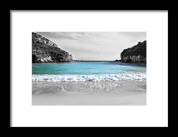 Paleokastritsa Framed Print featuring the photograph Paleokastritsa beach Corfu by Paul Cowan