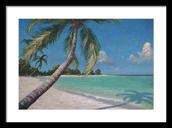 Tropical Seascape Painting Framed Print featuring the painting Palm Trees and Beach by Alan Zawacki by Alan Zawacki