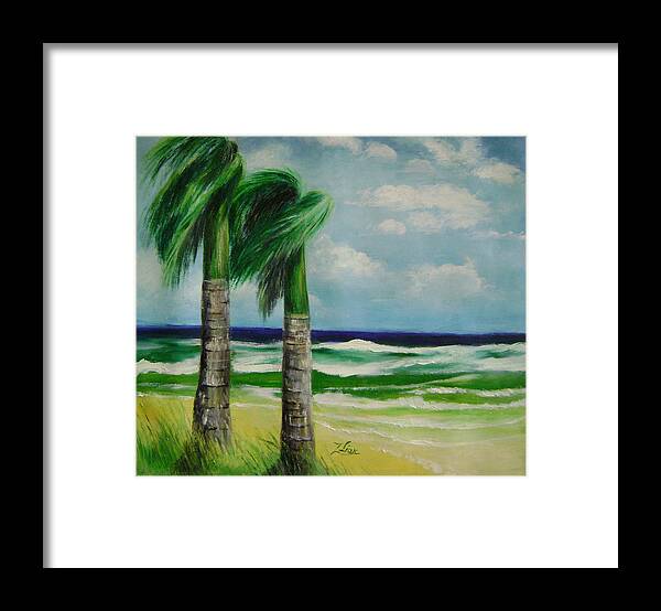 Seascape Framed Print featuring the painting Palm trees in the wind by Lian Zhen