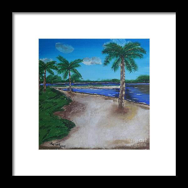 Landscape Framed Print featuring the painting Palm Trees on the Beach by Jimmy Clark