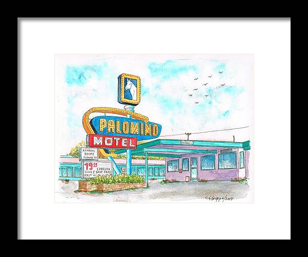 Palomino Motel Framed Print featuring the painting Palomino Motel in Route 66, Tucumcari, New Mexico by Carlos G Groppa