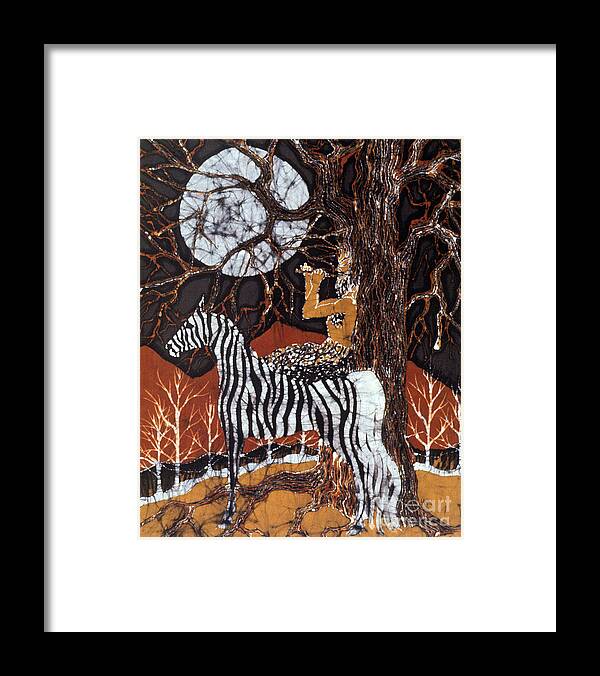 Zebra Framed Print featuring the tapestry - textile Pan Calls the Moon from Zebra by Carol Law Conklin