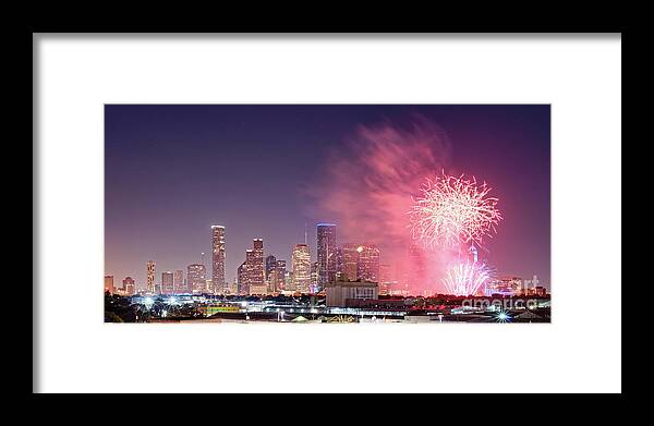 Downtown Framed Print featuring the photograph Panorama of Downtown Houston Skyline Fireworks on the 4th of July - Harris County Texas by Silvio Ligutti