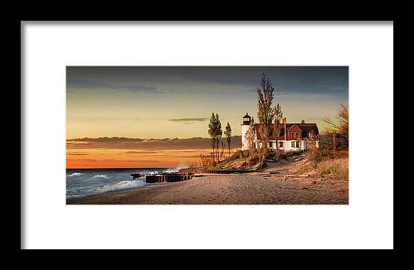 Art Framed Print featuring the photograph Panorama of Point Betsie Lighthouse at Sunset by Randall Nyhof