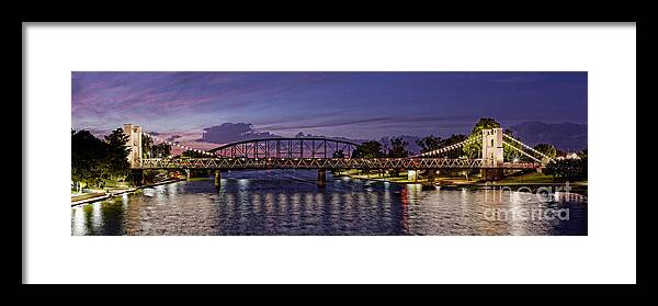 Downtown Framed Print featuring the photograph Panorama of Waco Suspension Bridge Over the Brazos River at Twilight - Waco Central Texas by Silvio Ligutti