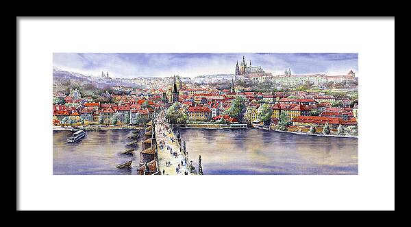 Watercolour Framed Print featuring the painting Panorama with Vltava river Charles Bridge and Prague Castle St Vit by Yuriy Shevchuk