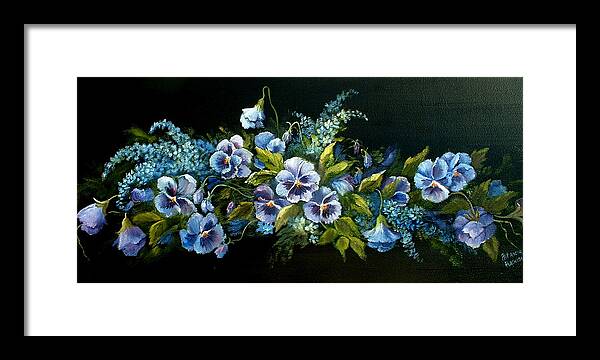 Floral Framed Print featuring the painting Pansies in Blue on Black by Patricia Rachidi