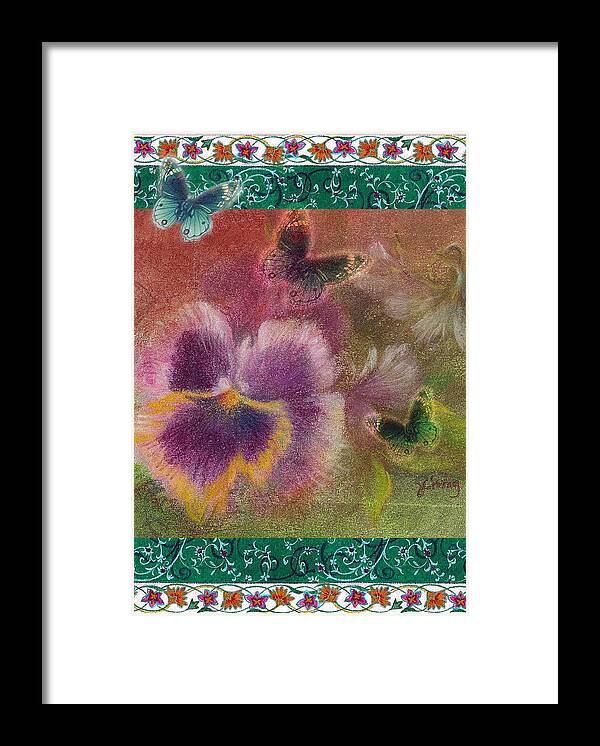 Illustrated Pansy Framed Print featuring the painting Pansy Butterfly Asianesque border by Judith Cheng