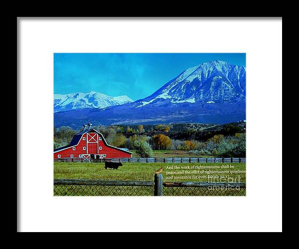 Red Barn Framed Print featuring the digital art Paonia Mountain and Barn by Annie Gibbons