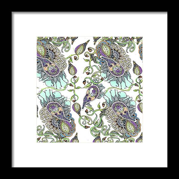 Fabric Patterns Pen And Ink Leaves Zentangles Doodles Purple And Blue Framed Print featuring the tapestry - textile Parameecee by Ruth Dailey