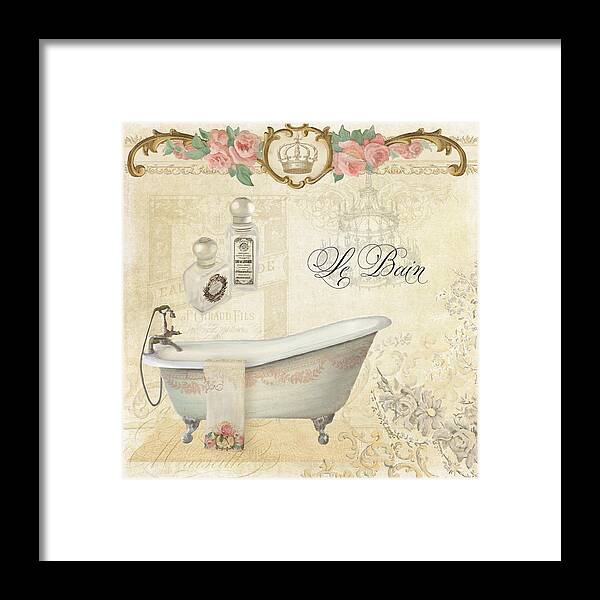 Parchment Framed Print featuring the painting Parchment Paris - Le Bain or The Bath Chandelier and tub with Roses by Audrey Jeanne Roberts