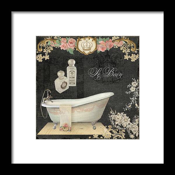 Chalk Framed Print featuring the painting Paris - Chalkboard Le Bain or The Bath Chandelier and tub with Roses by Audrey Jeanne Roberts