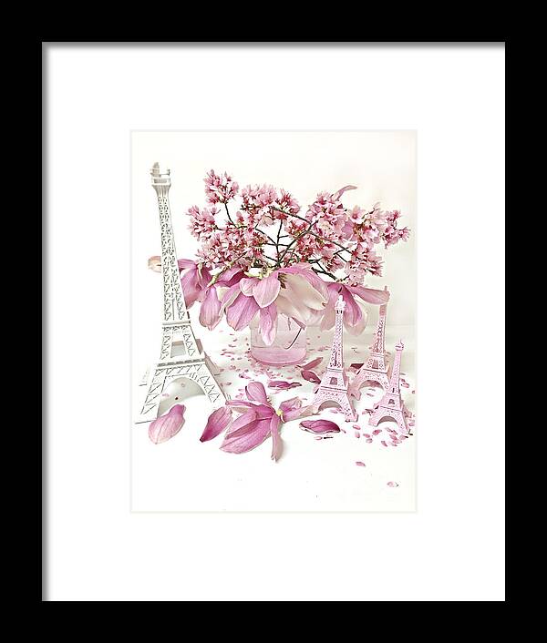Paris Framed Print featuring the photograph Paris Eiffel Tower Spring Magnolia Flower Blossoms - Paris Pink White Spring Blossoms by Kathy Fornal