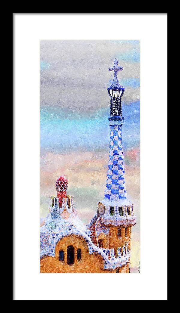 Park Guell Framed Print featuring the photograph Park Guell tower painting- Gaudi by Weston Westmoreland