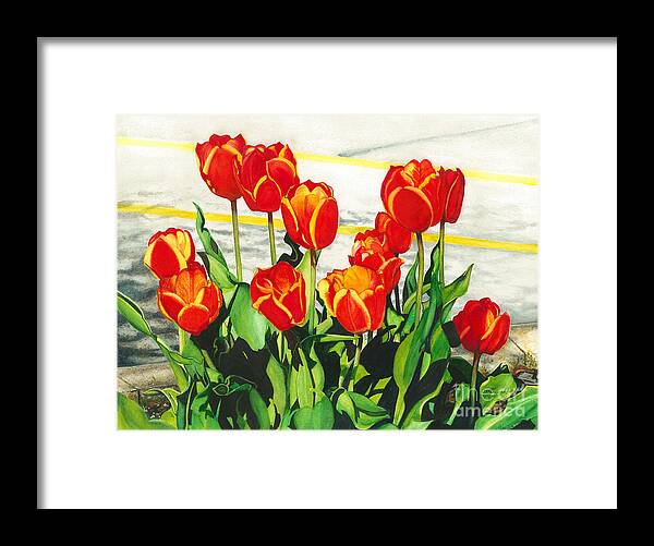 Watercolor Flowers Framed Print featuring the painting Parking Lot tulips by Barbara Jewell