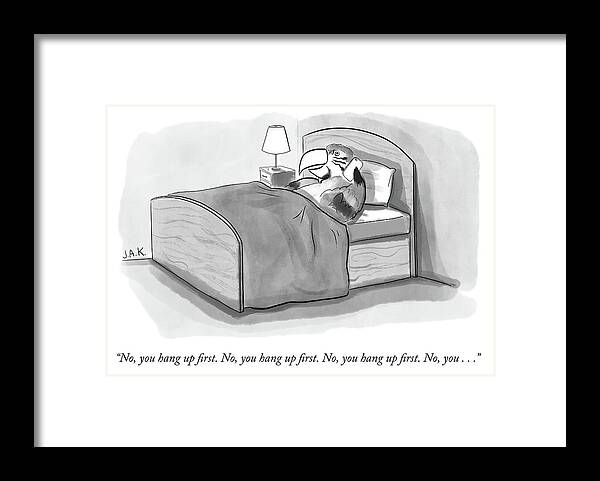 no Framed Print featuring the drawing Parrot in bed repeats same sentence as they try to end a phone call. by Jason Adam Katzenstein