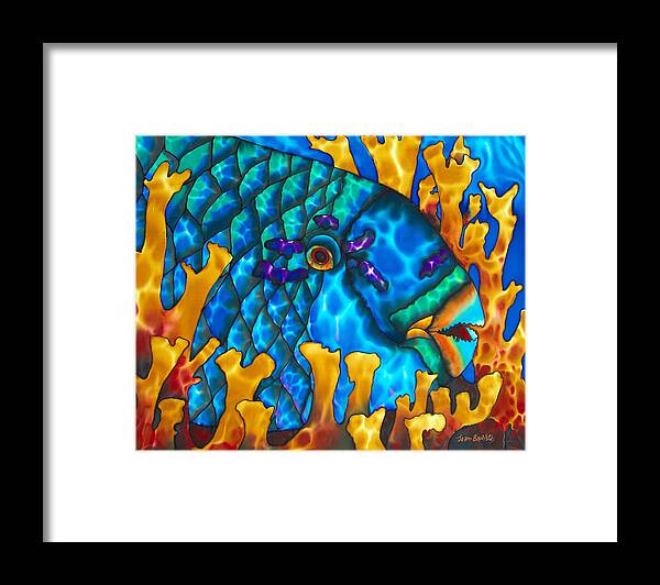 Diving Framed Print featuring the painting Parrotfish and Fire coral by Daniel Jean-Baptiste