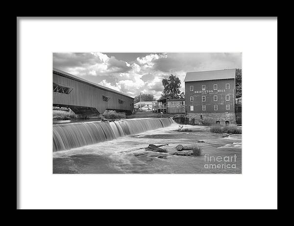 Bridgeton Indiana Framed Print featuring the photograph Partly Cloudy Over The Bridgeton Spillway Black And White by Adam Jewell