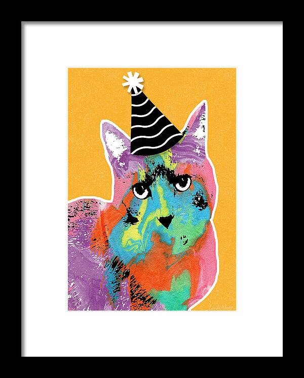 Cat Framed Print featuring the mixed media Party Cat- Art by Linda Woods by Linda Woods