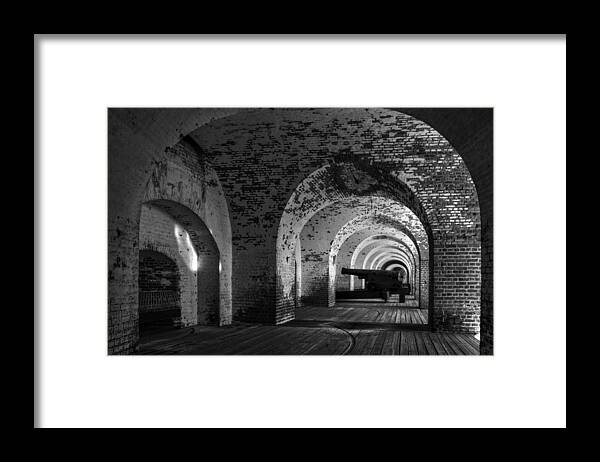 Fort Pulaski Framed Print featuring the photograph Passageways of Fort Pulaski in Black and White by Greg and Chrystal Mimbs