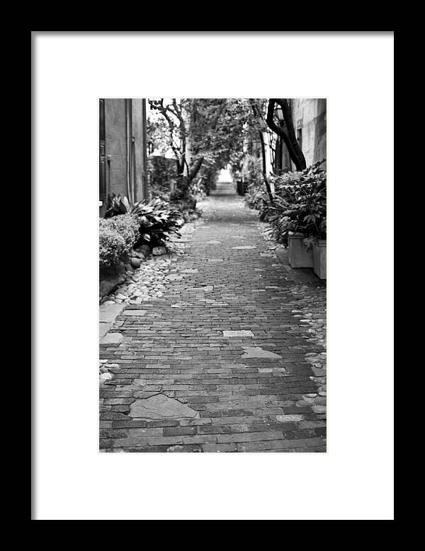 Patchwork Pathway Charleston Downtown South Carolina Ally Way Black White Dustin Ryan Framed Print featuring the photograph Patchwork Pathway by Dustin K Ryan