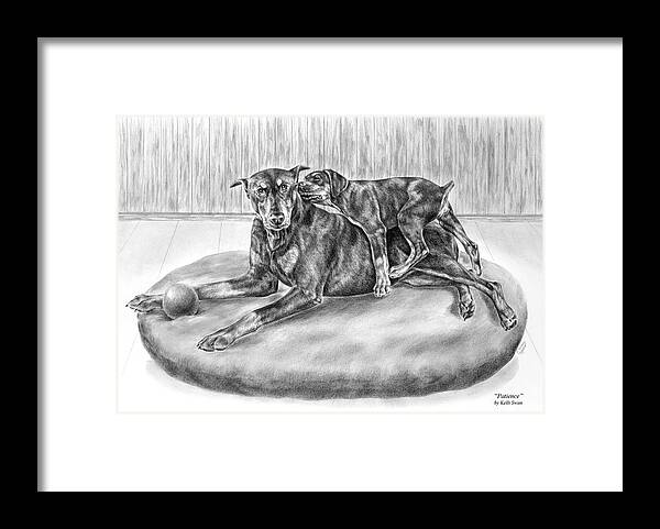 Doberman Framed Print featuring the drawing Patience - Doberman Pinscher and Puppy Print by Kelli Swan