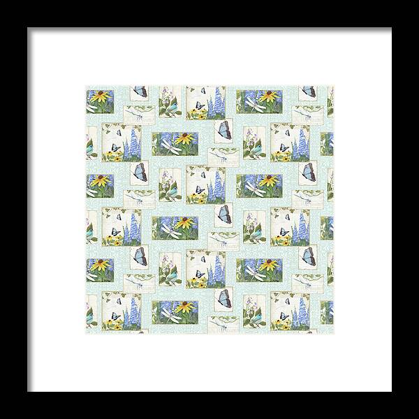 Half Drop Repeat Framed Print featuring the painting Pattern Butterflies Dragonflies Birds and Blue and Yellow Floral by Audrey Jeanne Roberts