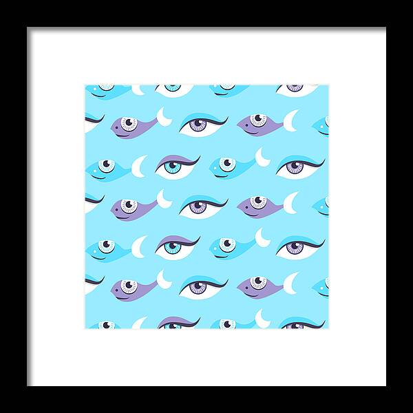 Fish Framed Print featuring the digital art Pattern of blue eyes and fish in sea by Boriana Giormova