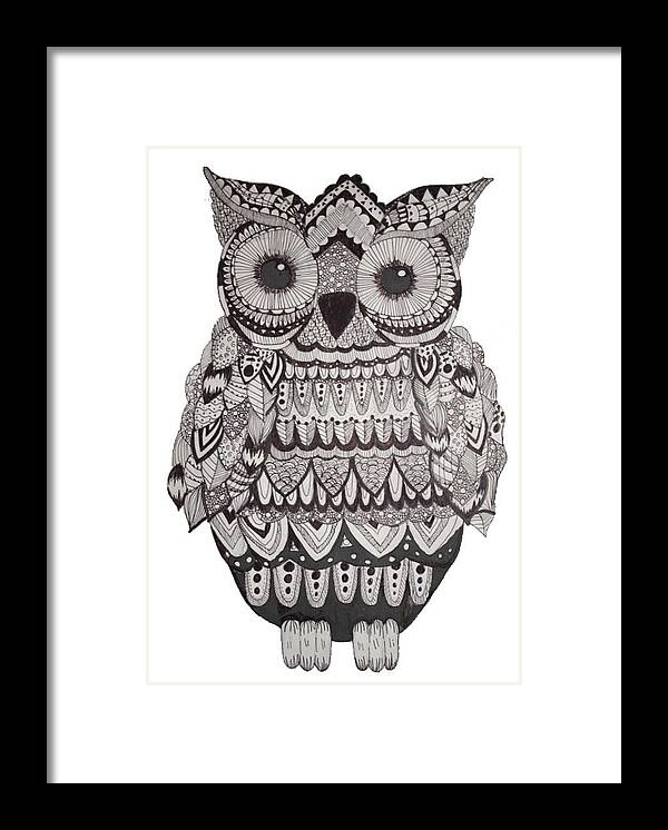 Handrawn Framed Print featuring the drawing Patterned Owl by Emily Brookes