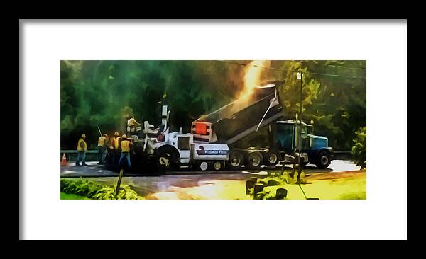 Activity Framed Print featuring the painting Pavement machine laying fresh asphalt on top of the gravel base during highway construction by Jeelan Clark