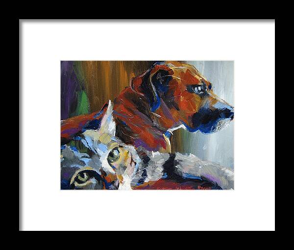 Dog Framed Print featuring the painting PAWfest by Karen Mayer Johnston