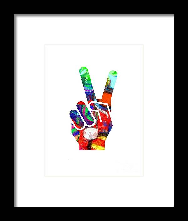 Abstract Framed Print featuring the digital art Peace Hippy Paint Hand Sign by Edward Fielding