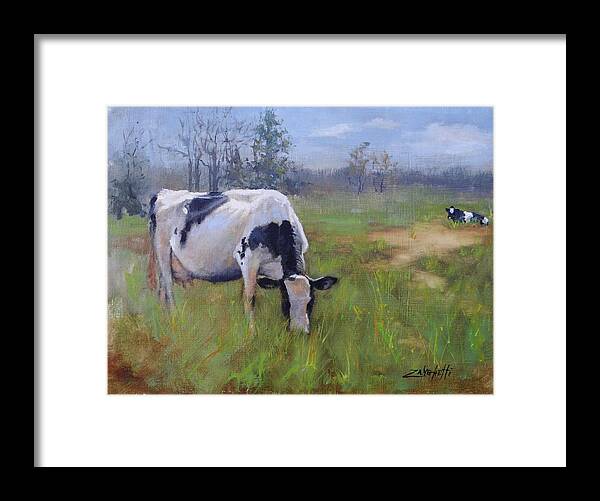 Cows Grazing Framed Print featuring the painting Peace On Earth four by Laura Lee Zanghetti