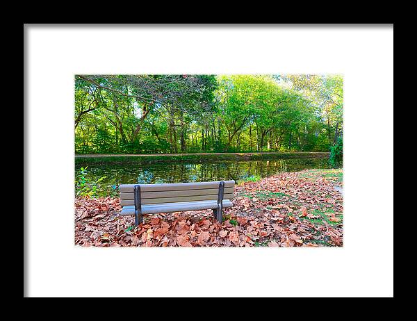 C&o Framed Print featuring the photograph Peaceful Bench on C and O Canal by Jeff at JSJ Photography