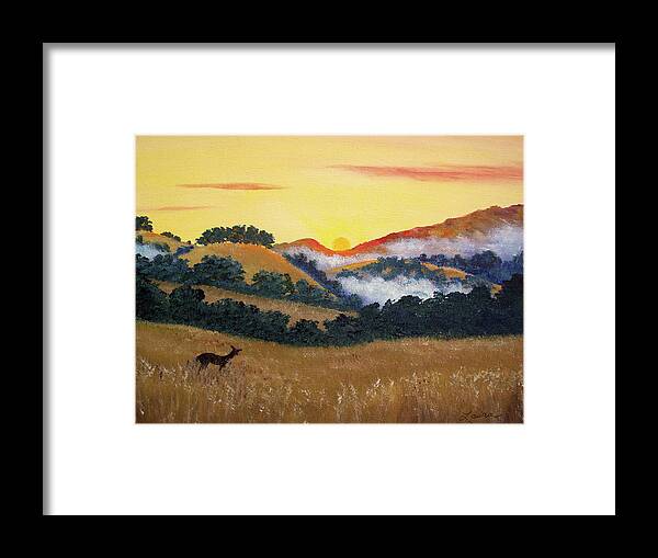 Deer Framed Print featuring the painting Peaceful Sunset at Fremont Older by Laura Iverson