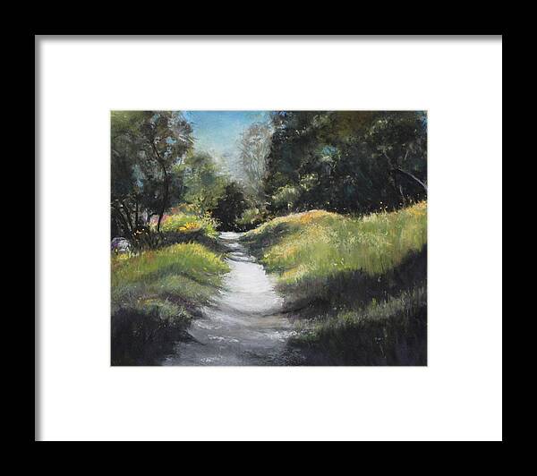 Path Framed Print featuring the pastel Peaceful Walk in The Foothills by Sandra Lee Scott